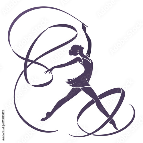 Elegant rhythmic gymnast performing with ribbon in dynamic artistic silhouette