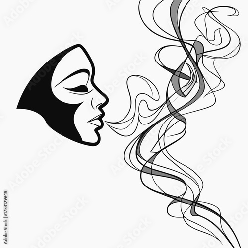Elegant woman exhaling smoke in artistic lines for creative designs