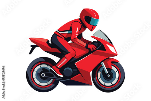 Dynamic red sport motorcycle rider in full racing gear speeding forward on white background