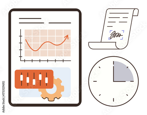 Graph with upward trend, signed document, clock, stock bars, and gear. Ideal for finance, business strategy, trade, planning contracts productivity time a simple flat metaphor
