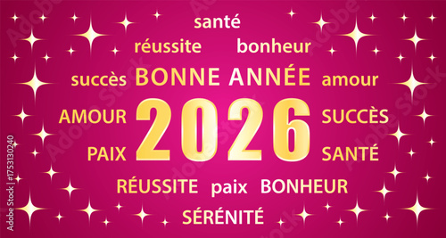 Bonne année 2026 ! Carte de vœux. Illustration vectorielle rose et or. 