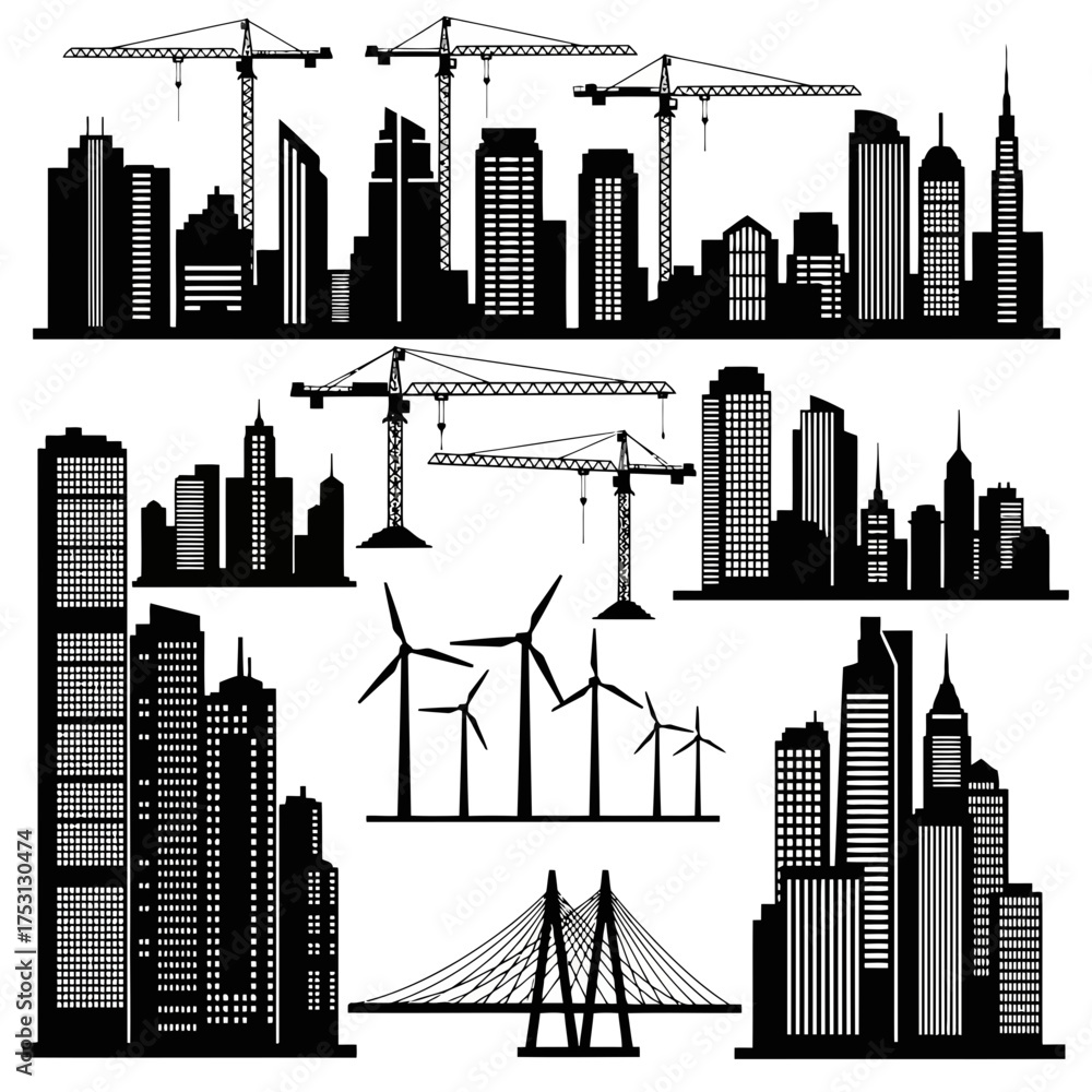 Naklejka premium Collection of cityscapes with cranes and wind turbines silhouette isolated on white background