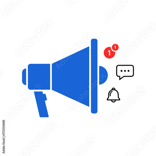 Blue Megaphone with Notification Icons for Announcements and Marketing.