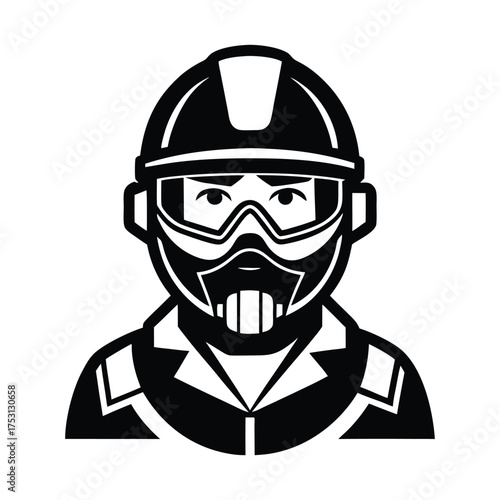 Stylized black and white illustration of a construction worker wearing a hard hat and protective respirator mask