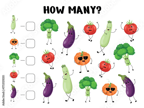 Counting worksheet for children featuring expressive vegetable characters including tomato, eggplant, zucchini, broccoli, and pumpkin for early math practice