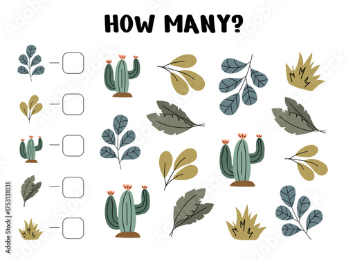 How Many Cactus and Leaf Objects Worksheet for Kids