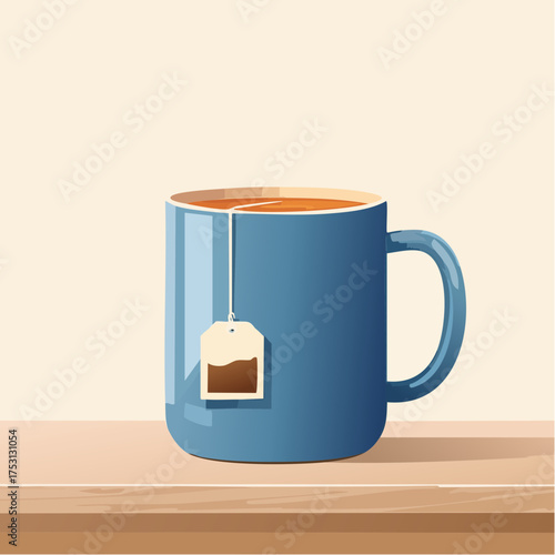 A charming blue mug with a single teabag string hanging against a muted beige table.
