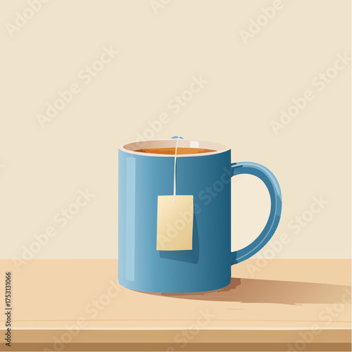 A charming blue mug with a single teabag string hanging against a muted beige table.