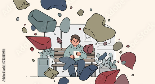 Boy on bench surrounded by floating objects in whimsical scene.