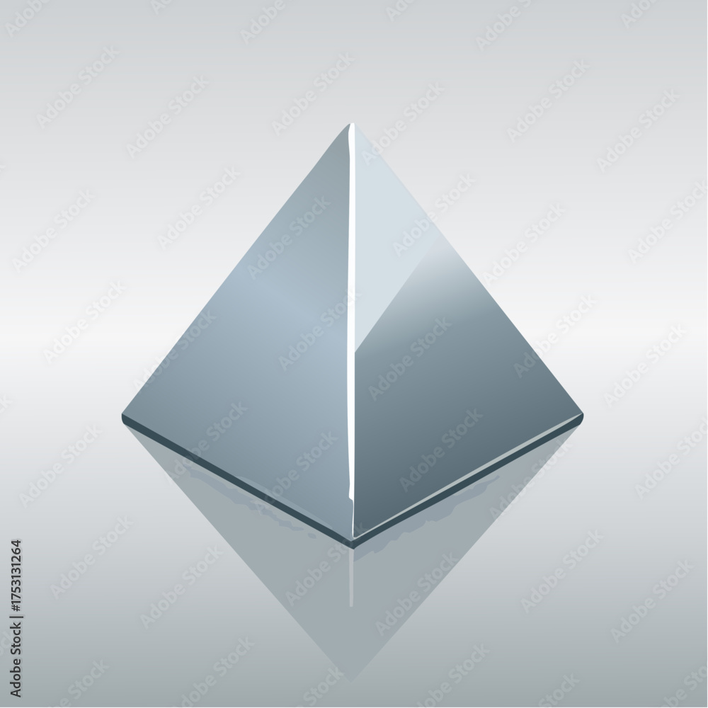 Fototapeta premium A geometrically perfect silver pyramid sits on a smooth, grey surface, casting a perfect, dark shadow.