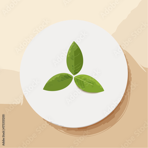 A white plate holding three olive leaves in a triangular layout against a blank beige table.