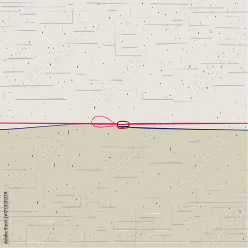 A single, taut, crimson thread stretches horizontally across a vast, textured wall of raw plaster.