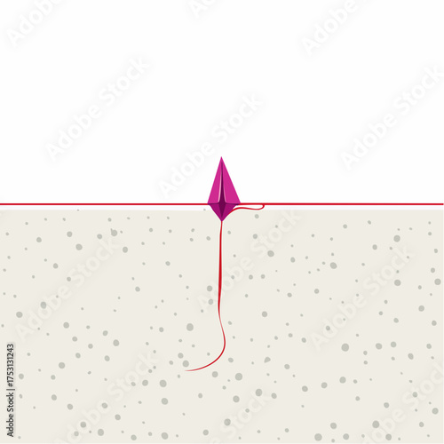 A single, taut, crimson thread stretches horizontally across a vast, textured wall of raw plaster.