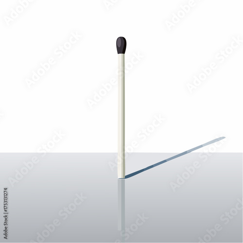 A solitary, unlit matchstick stands vertically on a smooth, reflective surface, casting a long, thin shadow.