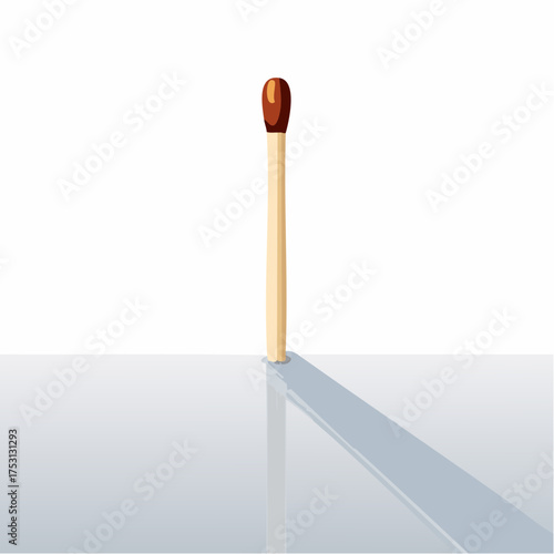 A solitary, unlit matchstick stands vertically on a smooth, reflective surface, casting a long, thin shadow.