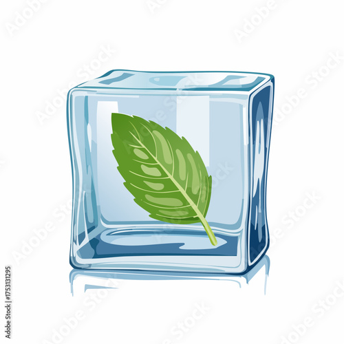 A translucent cube of ice holds a single, vibrant green basil leaf suspended in its perfectly clear center.