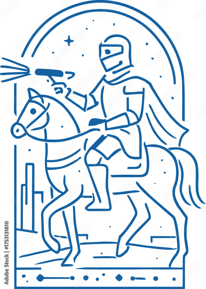 Fototapeta premium A futuristic line art illustration of a knight in armor riding a horse and firing a laser gun, merging medieval symbolism with sci-fi adventure in a minimalist style.