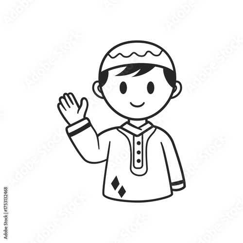 Hand-Drawn Waving Muslim Boy in Kufi and Baju Koko Doodle Icon