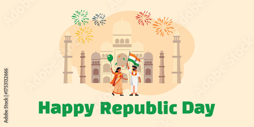 Happy Republic Day of India, 26th January celebration banner with people celebrating, holding Indian flags, balloons, and drums, festive background with fireworks, garlands, and traditional decoration