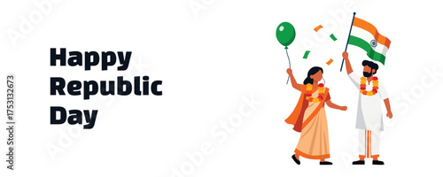 Happy Republic Day of India, 26th January celebration banner with people celebrating, holding Indian flags, balloons, and drums, festive background with fireworks, garlands, and traditional decoration