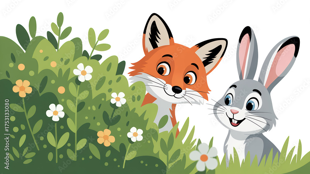 Fototapeta premium A charming cartoon illustration features a red fox and a gray rabbit peeking out from behind green bushes adorned with small white and yellow flowers.