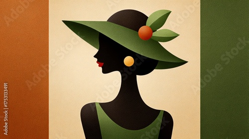 Contemporary tropical women portrait in colorful environment with stylized female silhouette and fruit hat