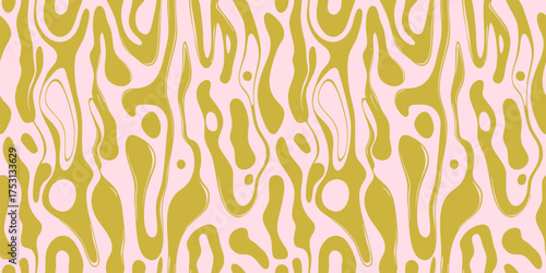 Vector abstract seamless pattern with organic shapes. Funky background with liquid lines, fluid shapes, spots, biological structures. Groovy wavy psychedelic texture. Pink and green repeating design
