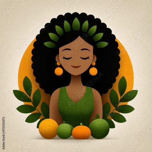 Contemporary portrait of a tropical woman surrounded by colorful fruits in a vibrant environment