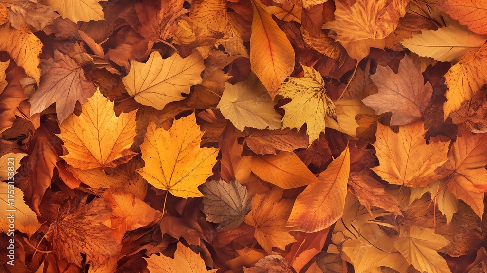 Obraz premium A pile of fallen leaves in various shades of brown and orange, arranged to create a warm, textured autumnal background that captures the cozy, earthy vibe of the fall season.
