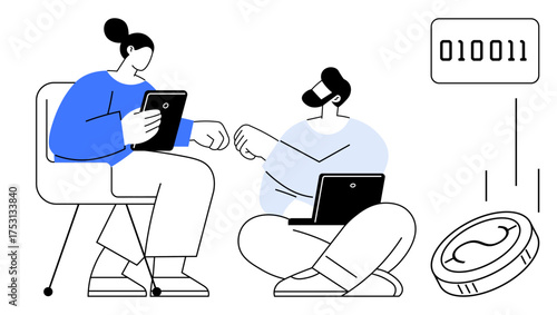 Two individuals with devices collaborating on cryptocurrency exchanges, binary code, and digital transactions. Ideal for fintech, teamwork, innovation, blockchain, digital economy, collaboration