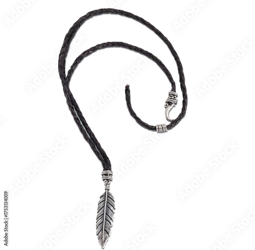 Rustic braided leather cord necklace with silver feather pendant for casual style on transparent background transparent background isolated png stock