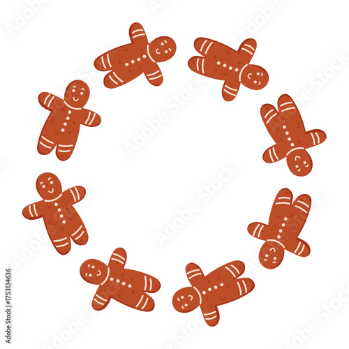 Festive circular wreath with gingerbread man in flat style. Design for holiday celebration and Christmas card.