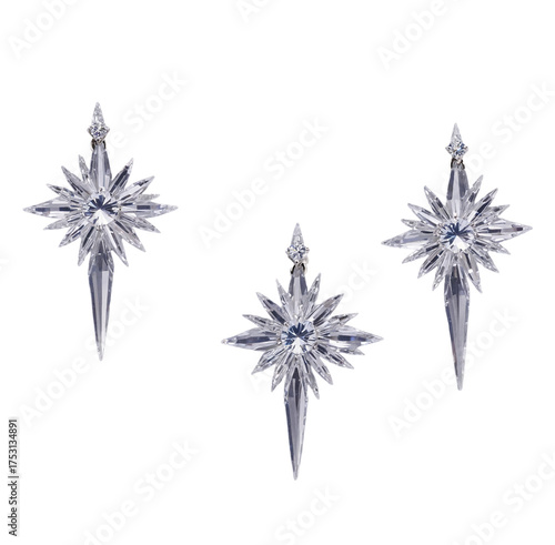 Dainty star shaped crystal earrings sparkling subtly for holiday Christmas party on transparent background transparent background isolated png stock
