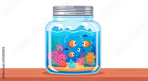 Cartoon Fish in a Jar Aquarium with Coral and Bubbles.