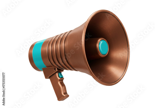 Retro copper megaphone isolated on transparent background, vintage bullhorn PNG for announcements and promotions