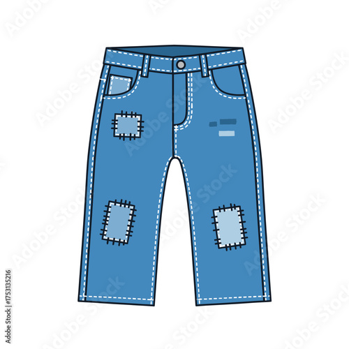 Cartoon illustration of patched denim capri pants for kids.