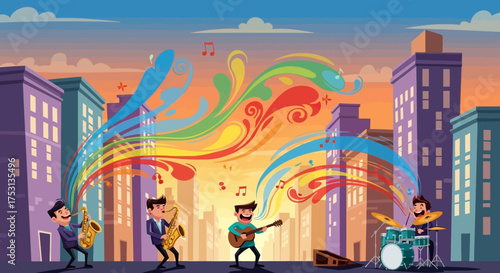 Cartoon Jazz Band Performing in Cityscape with Colorful Musical Notes.