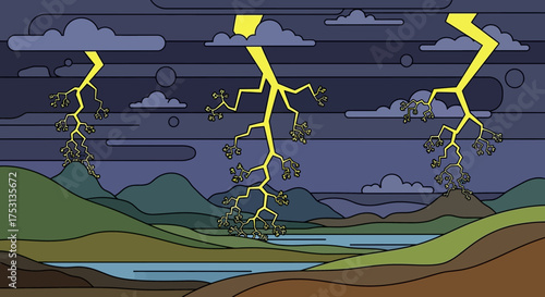 Cartoon Lightning Storm Over Landscape Illustration.