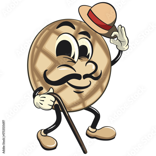 cute pineapple bun or melon bread bun mascot cartoon vector illustration isolated walk with a stick and saluting with raised hat, work of hand drawn