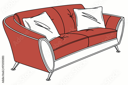 A stylized illustration of a modern, curved sofa (or loveseat), depicted in a reddish-brown or terracotta color. The sofa features a mid-century modern aesthetic with slim, angled metal legs.
