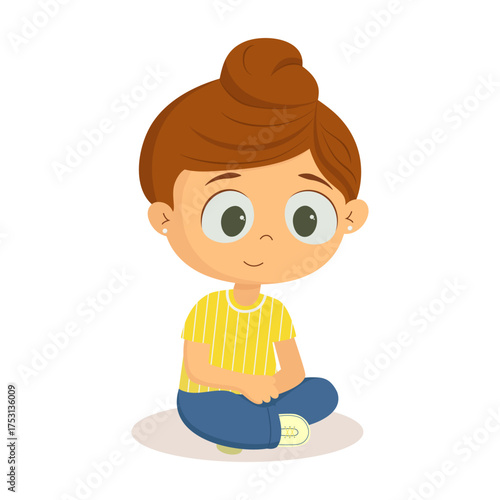 A girl sitting cross-legged, smiling child character in casual clothes. Adorable kid illustration for children’s books, educational materials, posters, stickers, or apps.