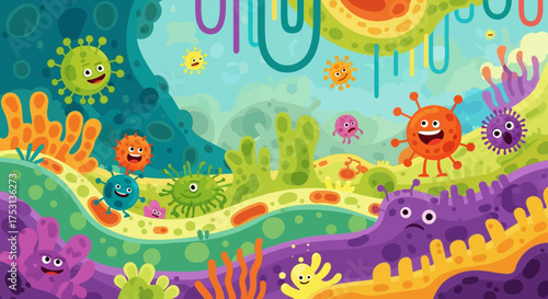 Cartoon Microbes and Sea Life with Smiling Faces in a Colorful Underwater Scene.