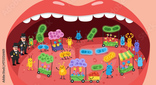 Cartoon Mouth with Bacteria Characters and Food Stalls Illustration.
