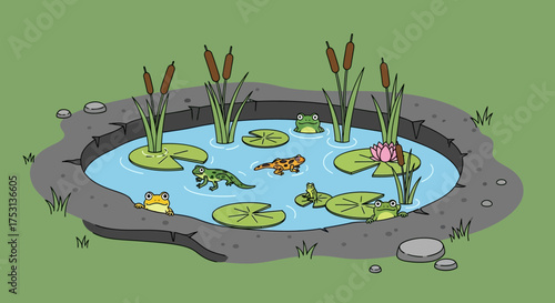 Cartoon Pond Scene with Frogs, Lily Pads, and Cattails Illustration.