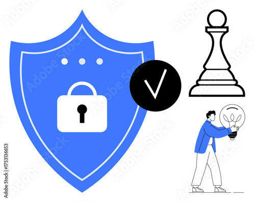 Blue shield with lock icon and checkmark for security, black chess pawn for strategy, person holding bulb for innovation. Ideal for cybersecurity, decision-making, planning, innovation, data safety