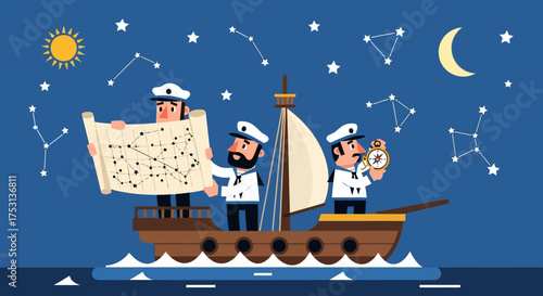 Cartoon Sailors Navigating by Stars on a Ship at Night.