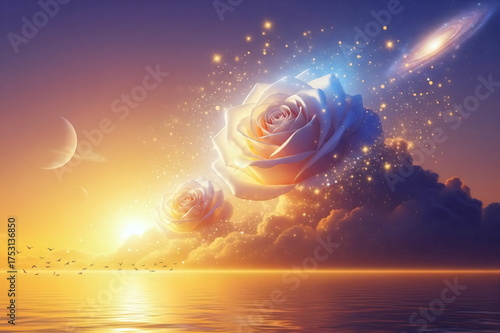 夕焼けの海に浮かぶ幻想的な薔薇の雲と銀河の夢幻風景