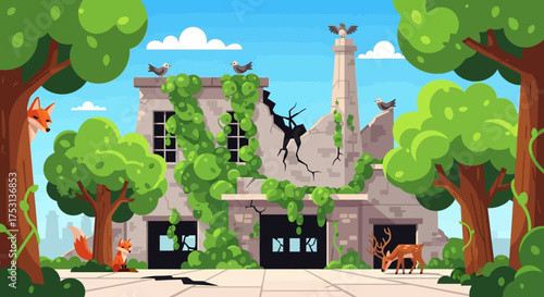 Cartoon Ruined Building with Vines and Wildlife in a Forest Setting.
