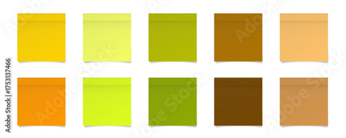 Set of square paper stickers. Stick in notes. Beige, brown, green, yellow, and orange colors. Multicolor post it notes. Sheets of paper. Tag, sticky note. Autumn palette