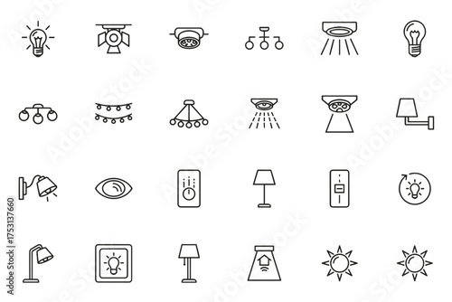Lighting line icon set. Home illumination and interior design symbols. Light bulb, lamp, chandelier, spotlight pictogram. Electricity, smart home, dimmer control outline vector.